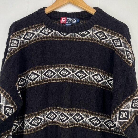 VTG CHAPS Ralph Lauren Chunky Sweater Crewneck Western Aztec USA Made Size Large - Picture 2 of 16